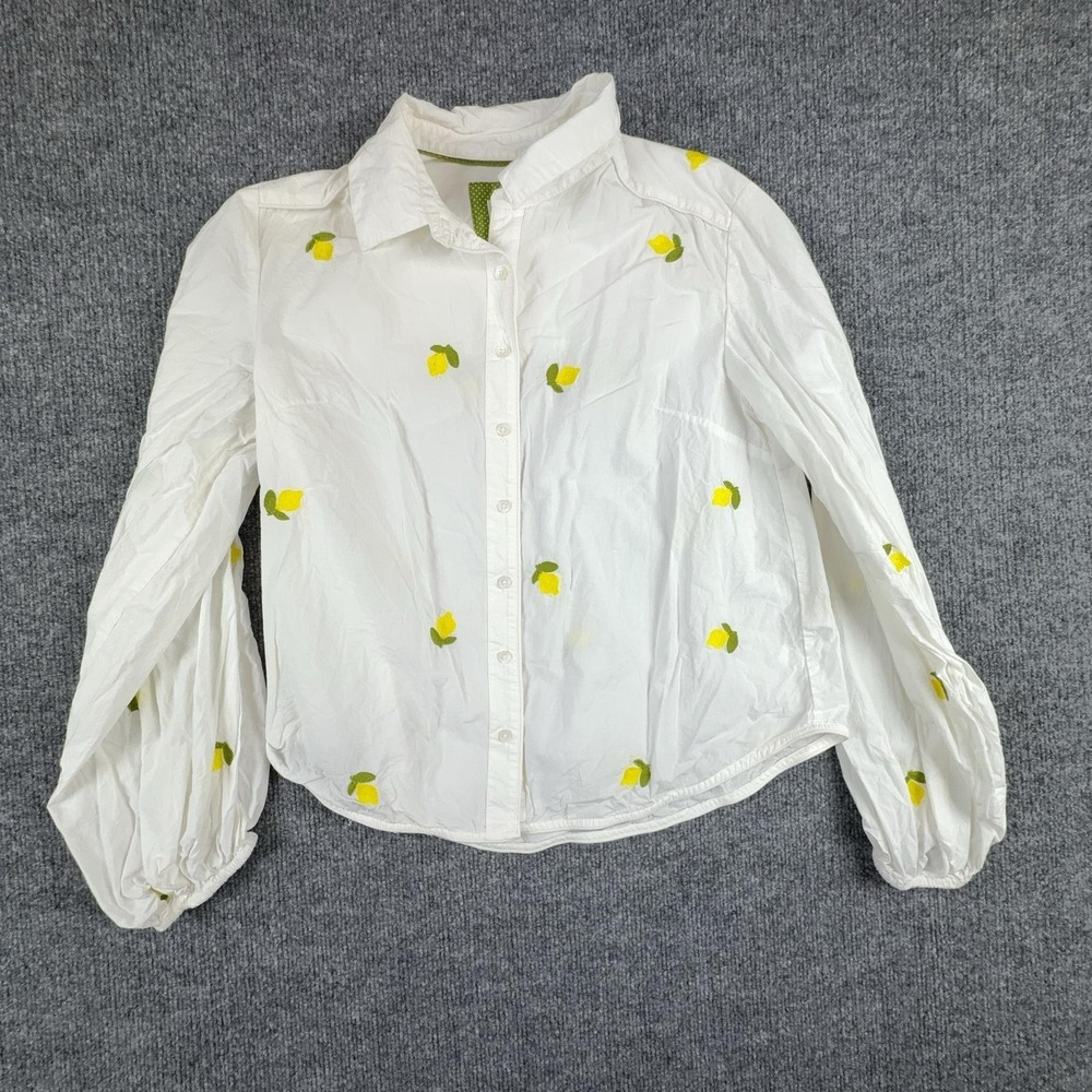 Maeve Shirt Womens XS White Lemon Embroidered Button Front Balloon Sleeve Top